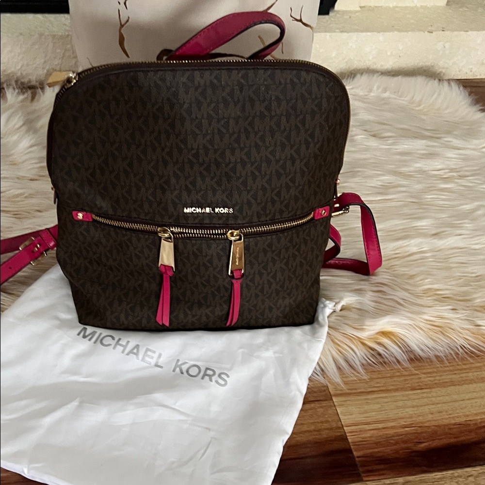 Michael Kors Dark Brown and Pink Backpack